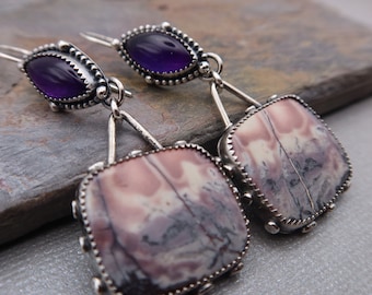 SALE/Reduced Porcelain Jasper and Amethyst Sterling Silver Gemstone Earrings