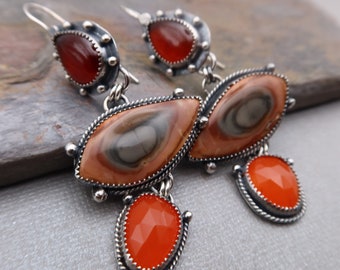 Reduced/Clearance Triple Drop Sterling Silver Earrings Imperial Jasper, Hessonite Garnet and Orange Carnelian