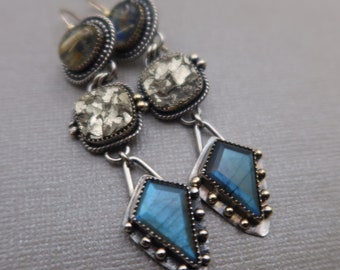 Triple Drop Gemstone Sterling Silver Earrings Labradorite, Gold Rutile, Pyrite