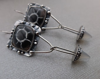 Septarian and White Agate Sterling Silver Metalsmith Earrings