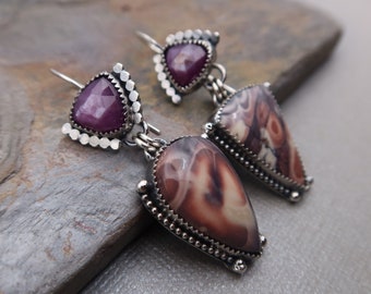 Porcelain Jasper and Purplish Pink Sapphire Sterling Silver Silversmith Earrings