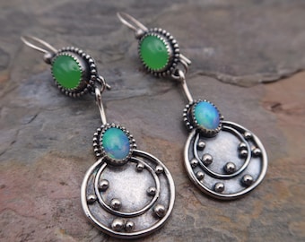 Gemstone Dangle Drop Sterling Silver Earrings Chrysoprase and ethiopian opal