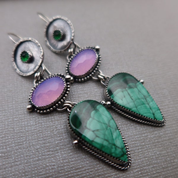 Long Linear Drop Sterling Silver Earrings Malachite, Lavender Quartz and emerald