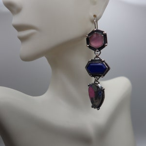 triple drop gemstone collage sterling silver earrings Cobalto Calcite, Lapis and Rose Quartz image 9