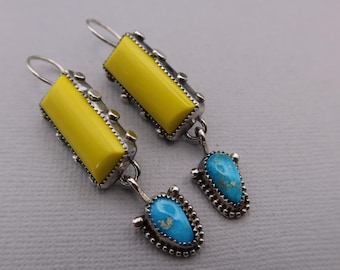 Yellow Rosarita and Kingman Turquoise Southwestern Boho Sterling silver Metalsmith Earrings