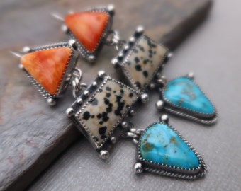 Linear Drop Southwestern Turquoise, Dalmatian Jasper and Spiny Oyster Sterling Silver Earrings