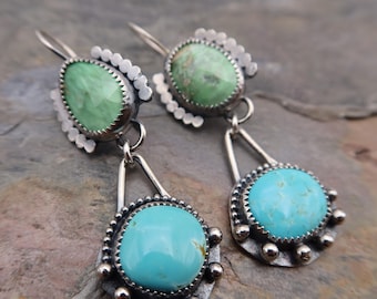 Turquoise and Variscite Sterling Silver Silversmith Drop Earrings