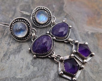 Linear Drop Sterling Silver Metalsmith Earrings Rainbow Moonstone, Charoite, Amethyst