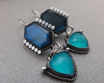 Labradorite and Amazonite Sterling Silver Metalwork Earrings