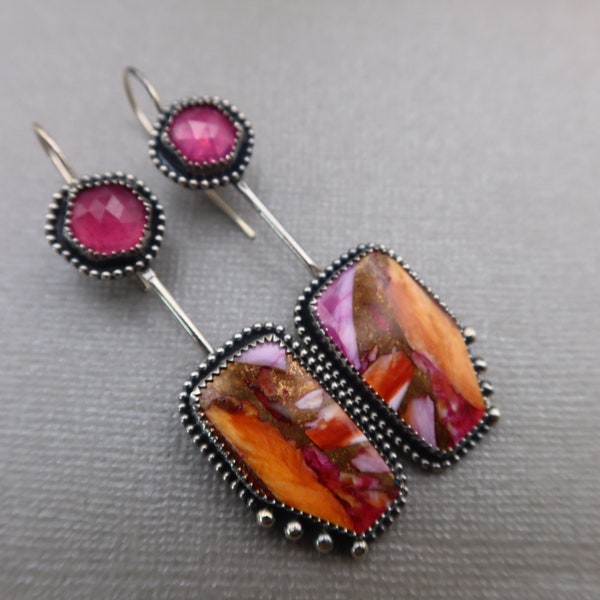 Spiny Oyster and Pink Sapphire Southwestern Statement Sterling silver Earrings