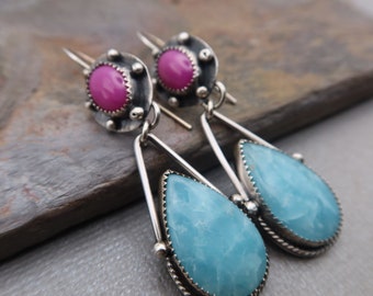 Blue Hemimorphite and Raspberry Sapphire Star Sterling Silver Earrings