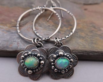 Sterling Silver Flower Hoop Earrings with Ethiopian Opal
