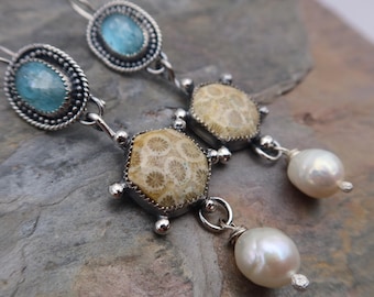 Artisan handmade Sterling Silver Metalsmith Earrings Blue Kyanite, Coral and Pearl