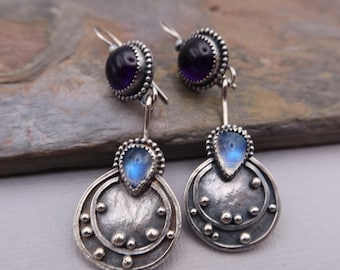 Gemstone Dangle Drop Sterling Silver Earrings Amethyst and Rainbow Moonstone