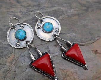 Turquoise and Red Rosarita Sterling Silver Southwestern Cowgirl Earrings