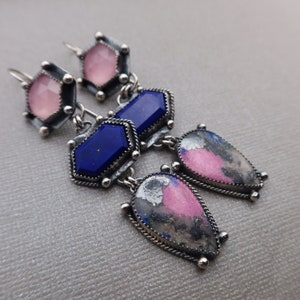 triple drop gemstone collage sterling silver earrings Cobalto Calcite, Lapis and Rose Quartz image 1