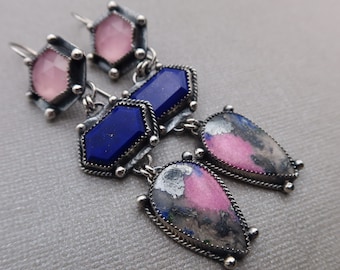 triple drop gemstone collage sterling silver earrings Cobalto Calcite, Lapis and Rose Quartz