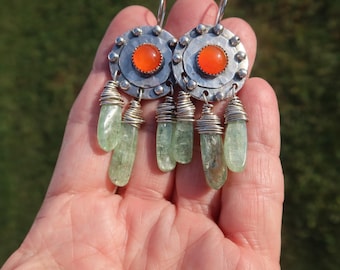 Orange Carnelian and Green Kyanite Chandelier Dangle Drop Sterling Silver Earrings