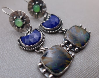 Triple Drop sterling silver Earrings Azurite, Lapis and Chrysoprase Earrings
