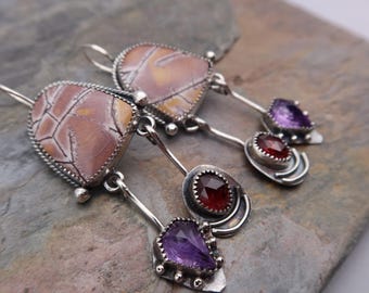 Sonora Dendritic Rhyolite Jasper, Garnet and Purple Amethyst Sterling Silver metalsmith Earrings