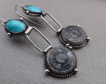 Orthoceras Fossil and Turquoise Sterling Silver Artisan Metalwork Earrings