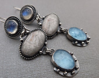 Dreifach Collage Ohrringe Crazy Lace Achat, Aquamarin und Regenbogenmondstein Sterlingsilber Schmuck Ohrringe