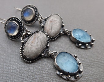 Triple Collage Earrings Crazy Lace Agate, Aquamarine and rainbow moonstone Sterling Silver Metalsmith Earrings