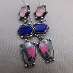 triple drop gemstone collage sterling silver earrings Cobalto Calcite, Lapis and Rose Quartz image 2