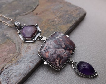 Porcelain Jasper, Amethyst, purple/pink Sapphire Sterling Silver Metalsmith Pendant