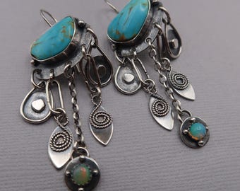 Turquoise and Ethiopian Opal Long Fringe Sterling Silver Handmade Earrings
