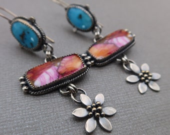 Pink and Orange Spiny Oyster and Sonoran Rose Turquoise Sterling Silver Flower Earrings