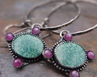 Handmade Sterling Silver Metalsmith Hoop Earrings Greenish blue Turquoise and Pink Sapphire