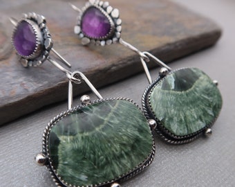 Clearance/Reduced Seraphinite and Amethyst Sterling Silver Metalsmith Statement Earrings