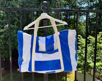 Handmade Beach Towel Tote Bag / washable + pockets / nautical stripe
