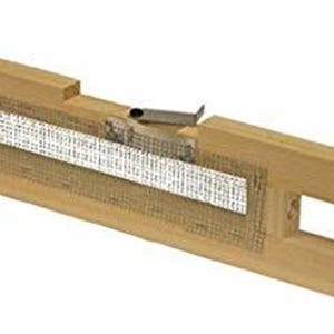 May include: A wooden frame with a metal latch and a mesh screen. The frame is made of light brown wood and has a rectangular shape.