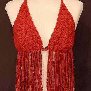 May include: Red crocheted halter top with fringe and a small butterfly charm. The fringe is made of red yarn with black beads.