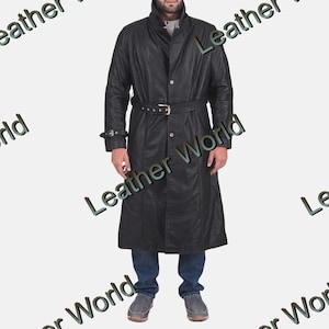 Men&#39;s Black Full-Length Leather Trench Coat, Gothic Steampunk Long Overcoat with Belt, Vintage Style Distressed Leather Duster