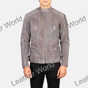 Herren Grau Wildleder Bikerjacke | Vintage Moto Style Jacke | Handgemachte Echt Leder Jacke | Gesteppte Schultern | Herbst & Wintermode