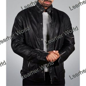 Men&#39;s Black Biker Leather Jacket, Distressed Moto Style, Zipper Cuffs, Vintage Slim Fit, Handmade Real Lambskin Leather Coat