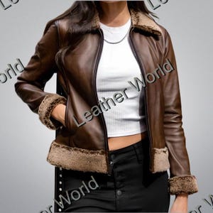 Women&#39;s Brown Shearling Leather Jacket, Real Leather Aviator Bomber, Vintage Style Winter Coat, Handmade Sheepskin Flight Jacket