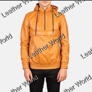 Veste à capuche en cuir marron clair pour homme, pull à capuche en cuir, streetwear en cuir véritable fait main, cadeau de survêtement automne hiver