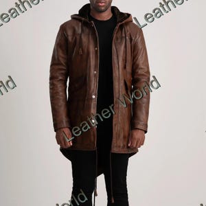 Veste en cuir retournée et à capuche marron pour homme, manteau d'hiver de style vintage vieilli, parka en cuir d'agneau véritable faite main