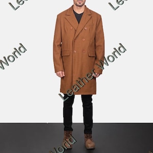 Men’s Camel Brown Wool Blend Overcoat – Double Breasted Long Winter Trench Coat – Vintage Inspired Peacoat for Stylish Fall & Winter Look