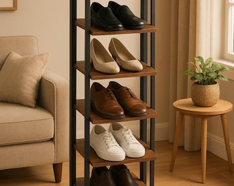 8 Tiers Vertical Shoe Rack, Wooden Shoe Organizer with Hooks,  Shoe Tower for 8 Pairs, Space Saving, for Entryway, Living Room, Rustic Brown