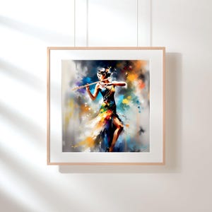 Puede incluir: Una pintura enmarcada de una mujer con un vestido colorido tocando una flauta. El fondo es una acuarela de colores, incluyendo azul, amarillo y naranja.