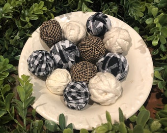 10 Farmhouse Ragballs black/white Primitive Country Rag Balls rustic