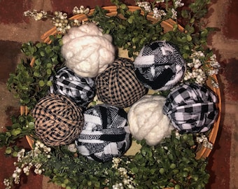 5 Farmhouse Ragballs large black/white Primitive Country Rag Balls rustic