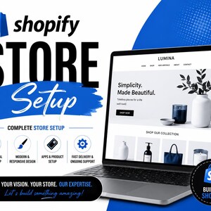 May include: A laptop screen shows a website with the words "Simplicity. Made Beautiful." The image advertises Shopify store setup services. Icons highlight features such as professional setup and modern design. The Shopify logo is visible.