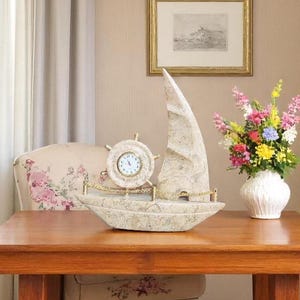 Handcrafted Marble Ship Clock: Nautical Boat Sculpture, Stone Art Decor