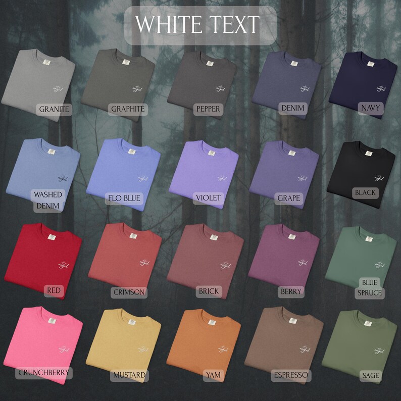 May include: A collection of twenty crewneck t-shirts displayed in a grid, each featuring a small embroidered design on the left chest. The shirts are available in various colors including granite, graphite, pepper, denim, navy, washed denim, flo blue, violet, grape, black, red, crimson, brick, berry, blue spruce, crunchberry, mustard, yam, espresso, and sage.